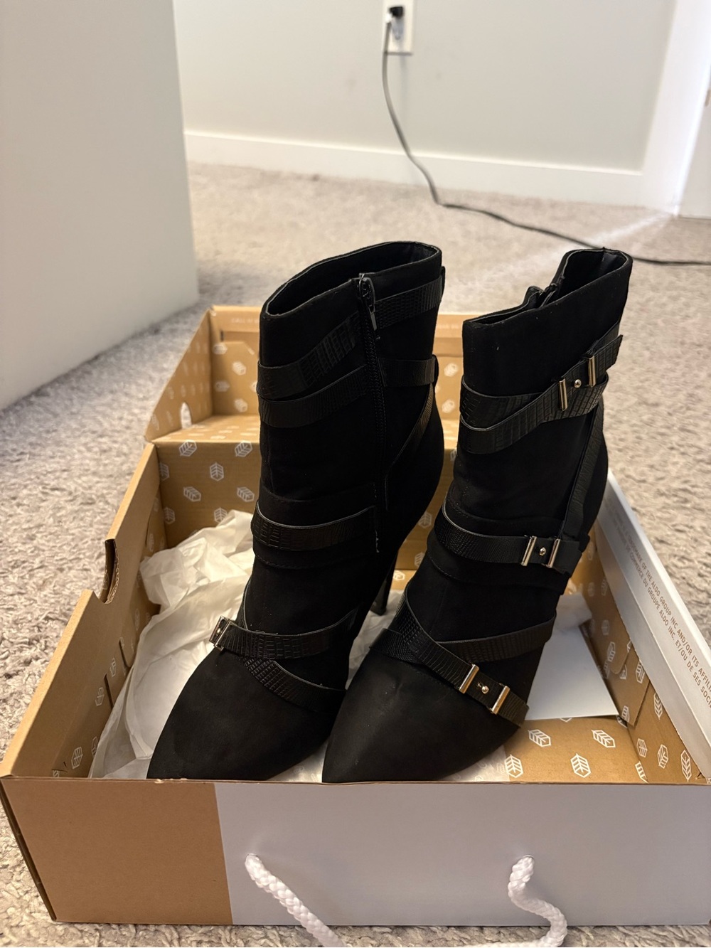 Novo Shoes Black Strappy Buckle Suede Ankle Booties